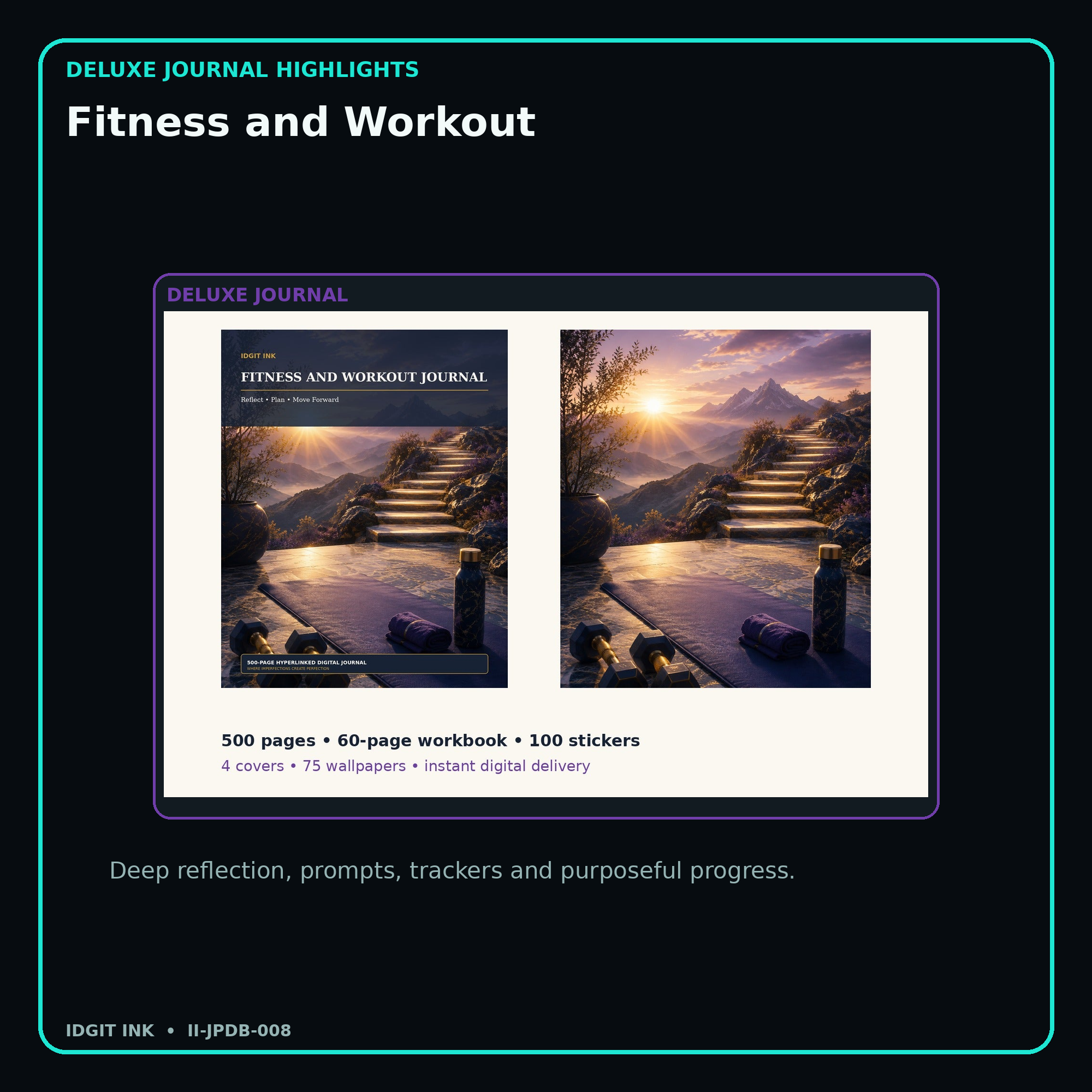 Fitness and Workout deluxe digital journal features and guided reflection pages