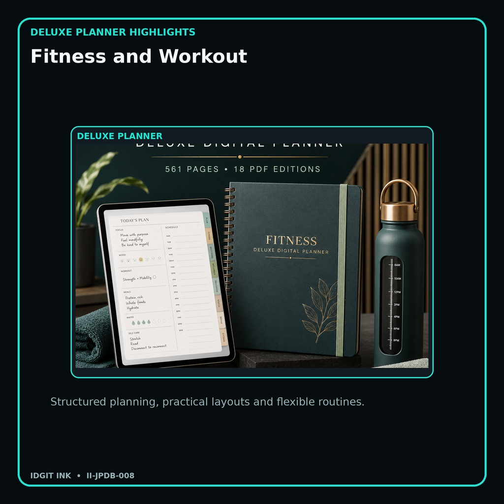 Fitness and Workout deluxe digital planner features and flexible organization
