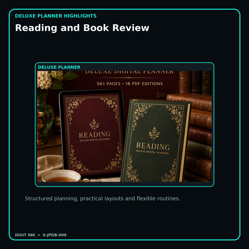 Reading and Book Review deluxe digital planner features and flexible organization