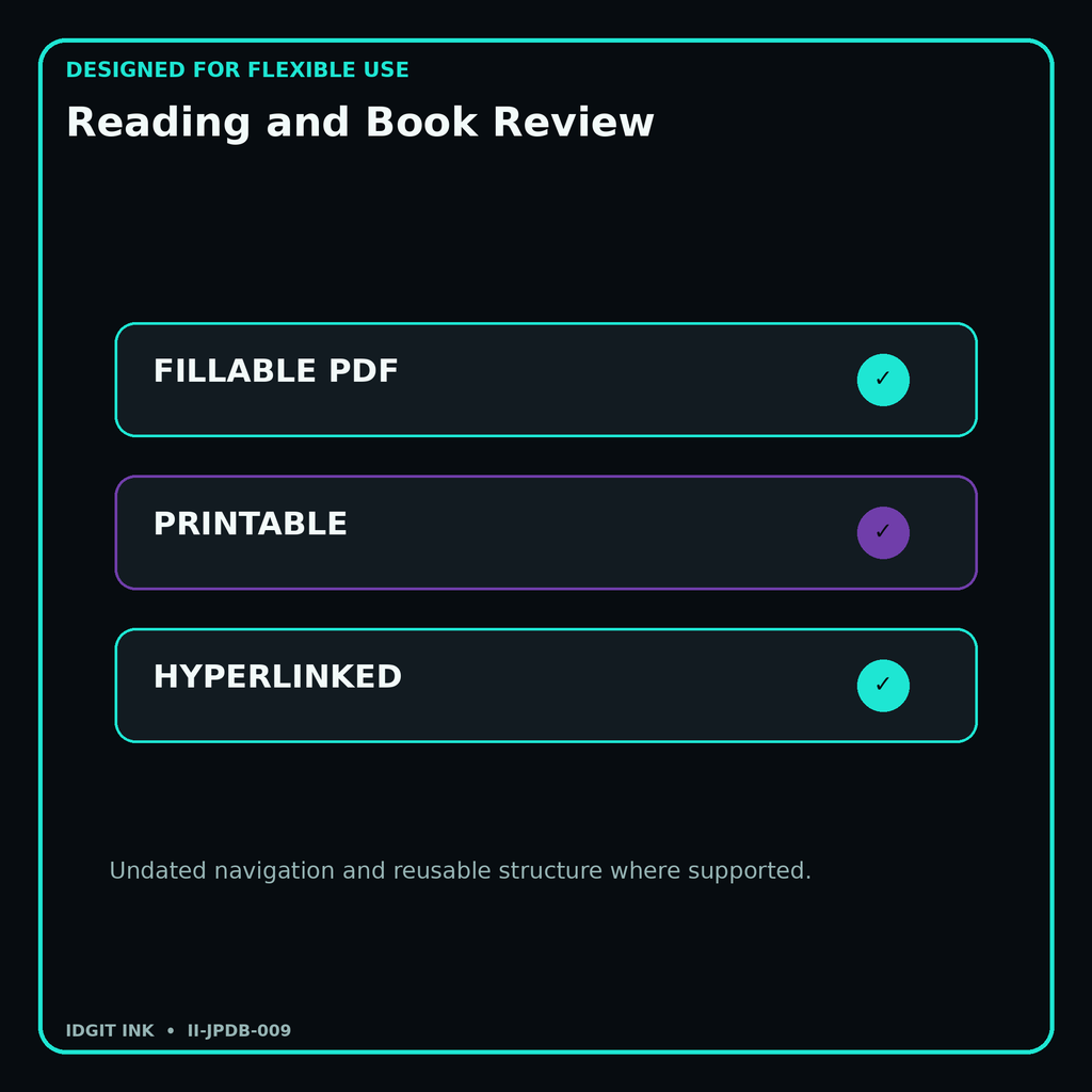 Reading and Book Review fillable printable and hyperlinked digital features