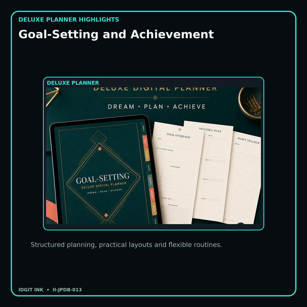Goal-Setting and Achievement deluxe digital planner features and flexible organization
