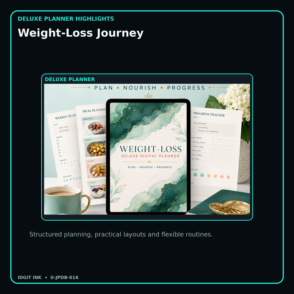 Weight-Loss Journey deluxe digital planner features and flexible organization