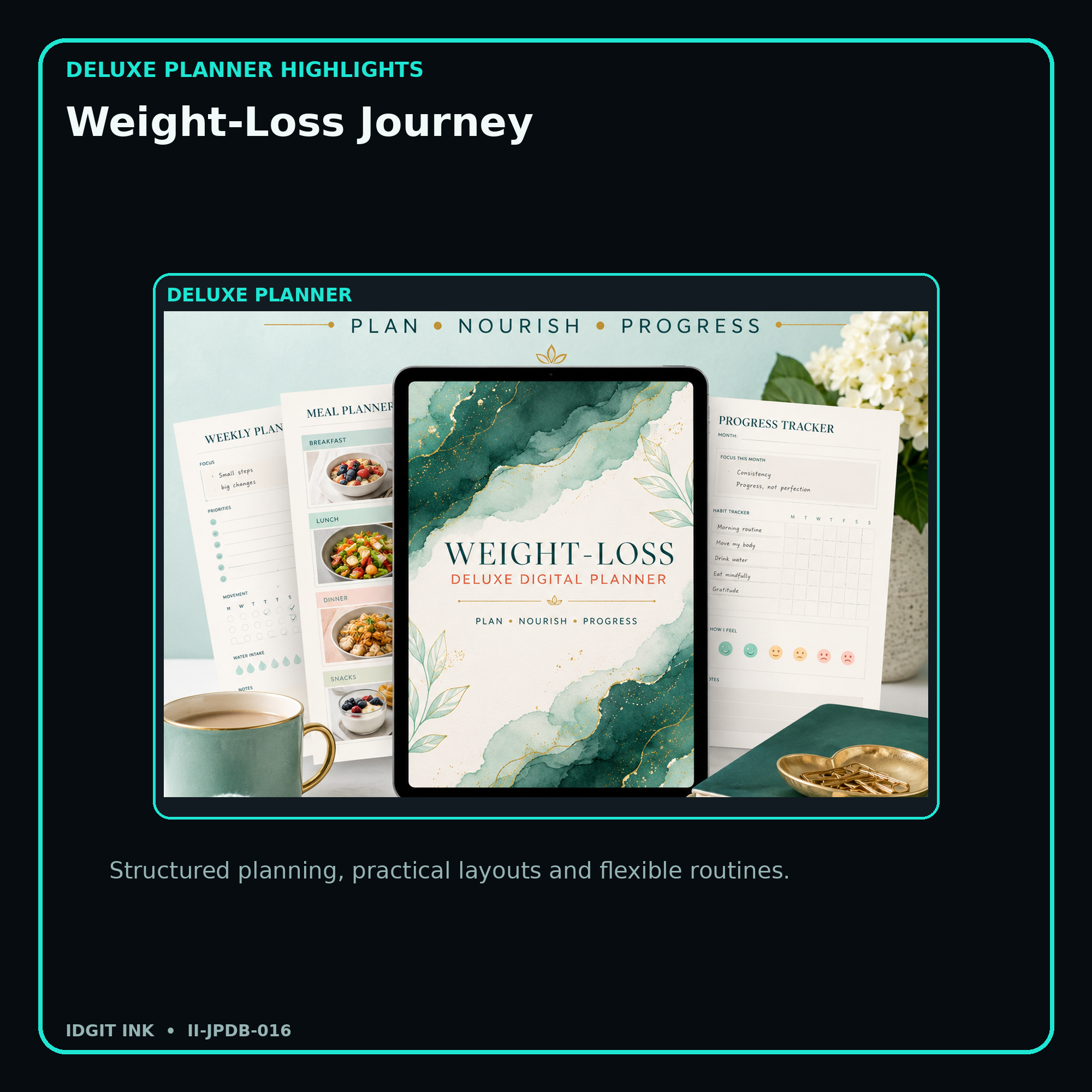 Weight-Loss Journey deluxe digital planner features and flexible organization