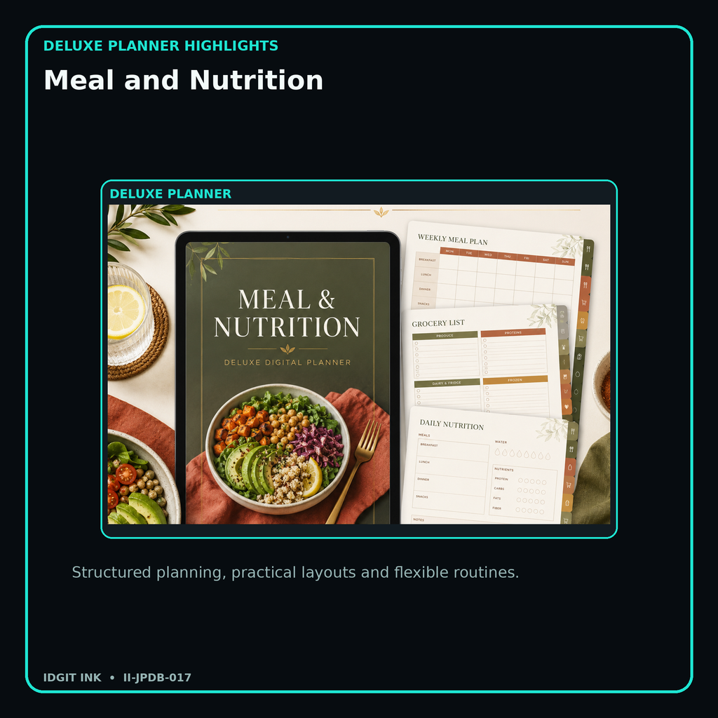 Meal and Nutrition deluxe digital planner features and flexible organization