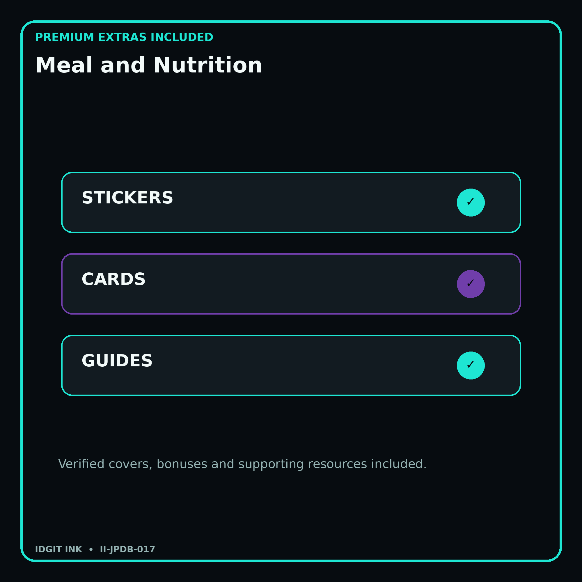 Meal and Nutrition stickers cards covers guides and verified bundle bonuses
