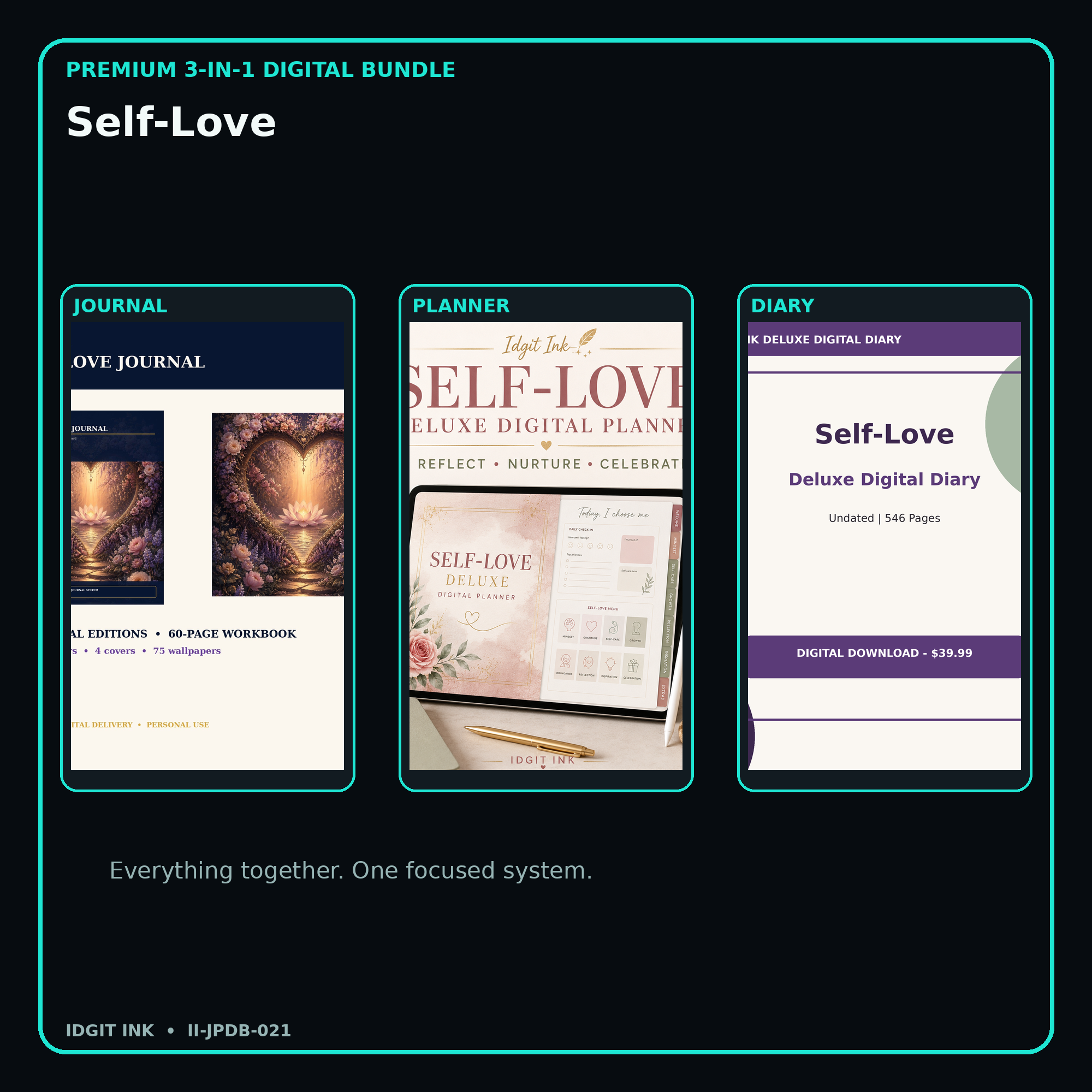 Self-Love premium digital journal planner and diary bundle cover