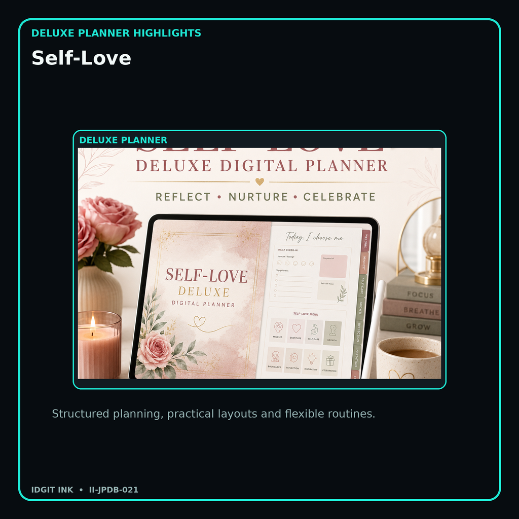 Self-Love deluxe digital planner features and flexible organization