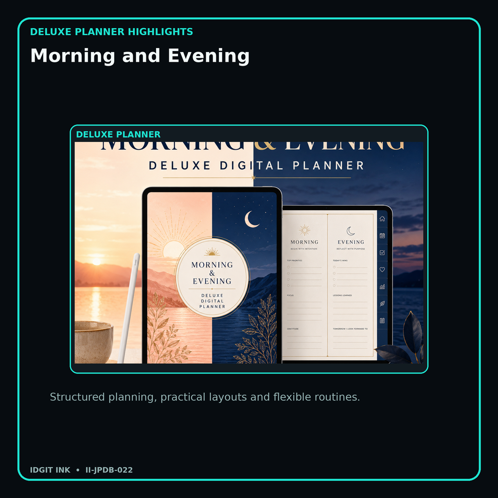 Morning and Evening deluxe digital planner features and flexible organization
