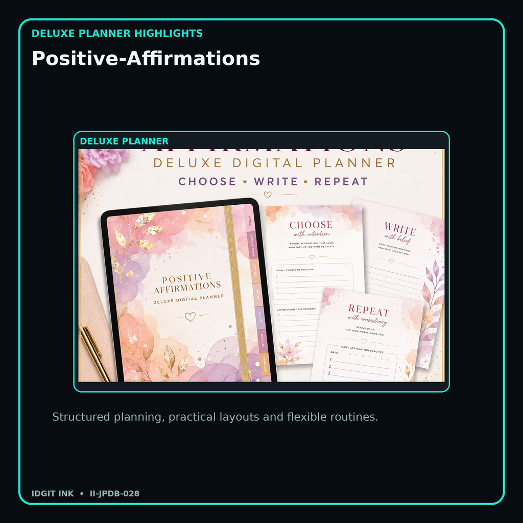 Positive-Affirmations deluxe digital planner features and flexible organization