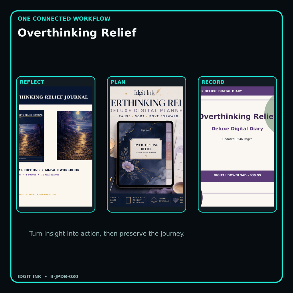 Overthinking Relief connected journal planner diary workflow and customer benefits