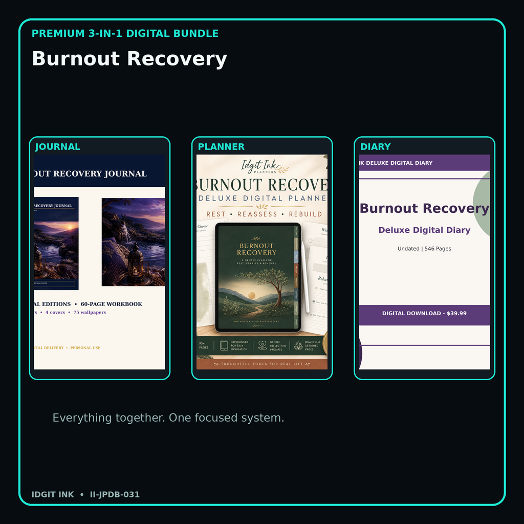 Burnout Recovery premium digital journal planner and diary bundle cover