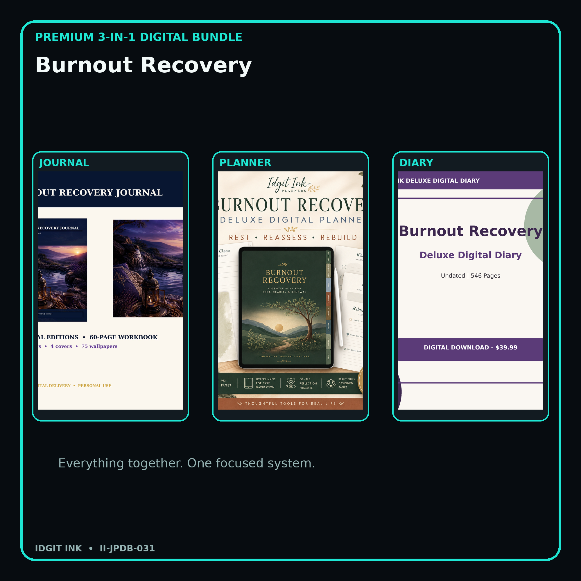 Burnout Recovery premium digital journal planner and diary bundle cover