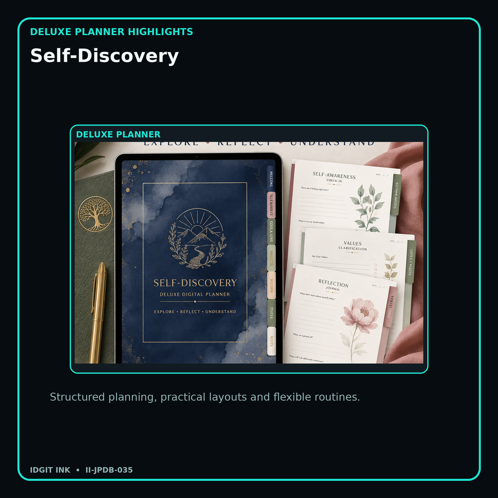 Self-Discovery deluxe digital planner features and flexible organization