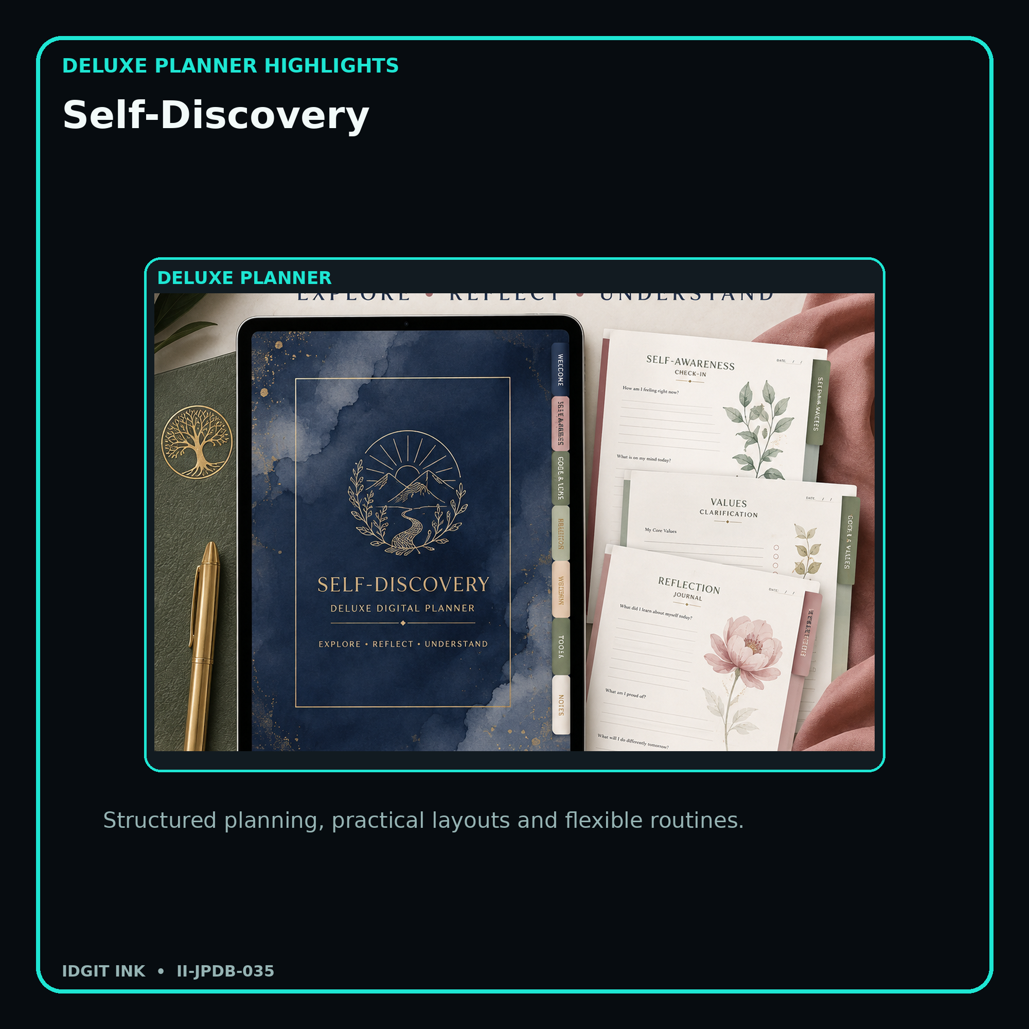 Self-Discovery deluxe digital planner features and flexible organization