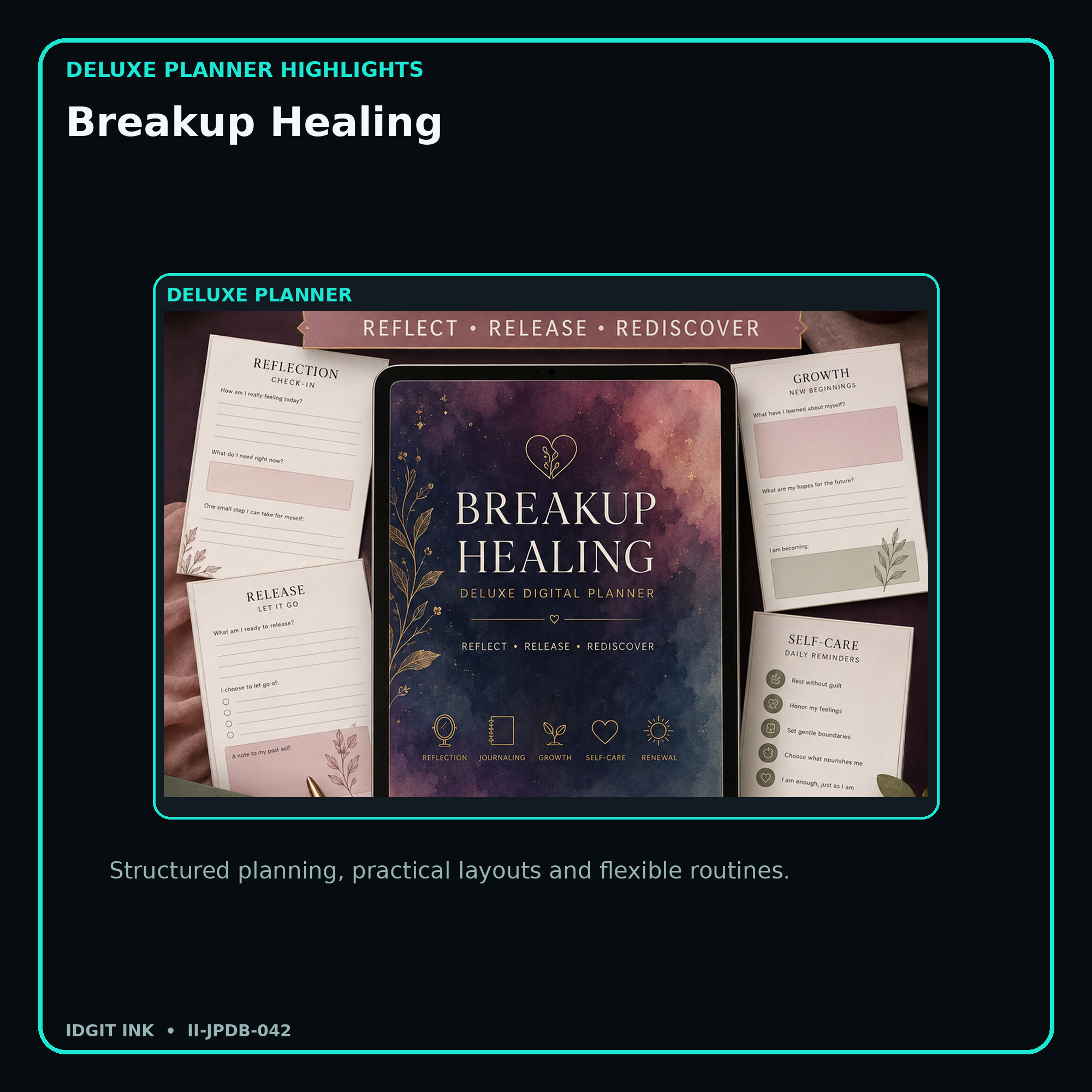 Breakup Healing deluxe digital planner features and flexible organization