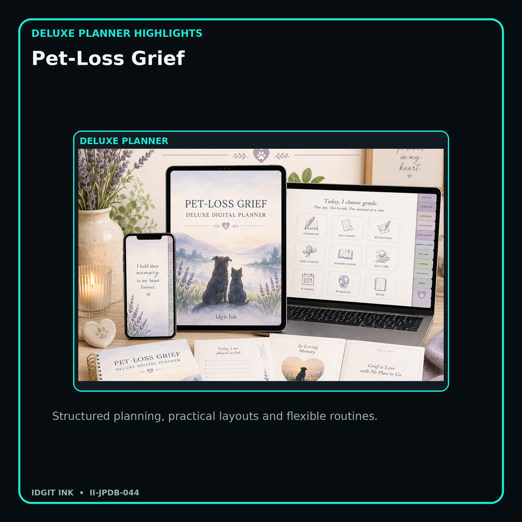 Pet-Loss Grief deluxe digital planner features and flexible organization