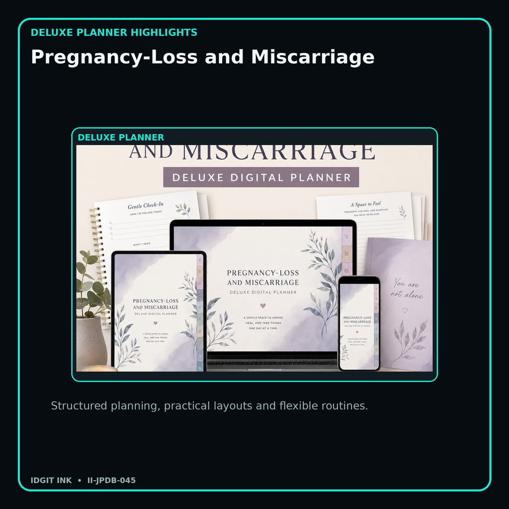 Pregnancy-Loss and Miscarriage deluxe digital planner features and flexible organization