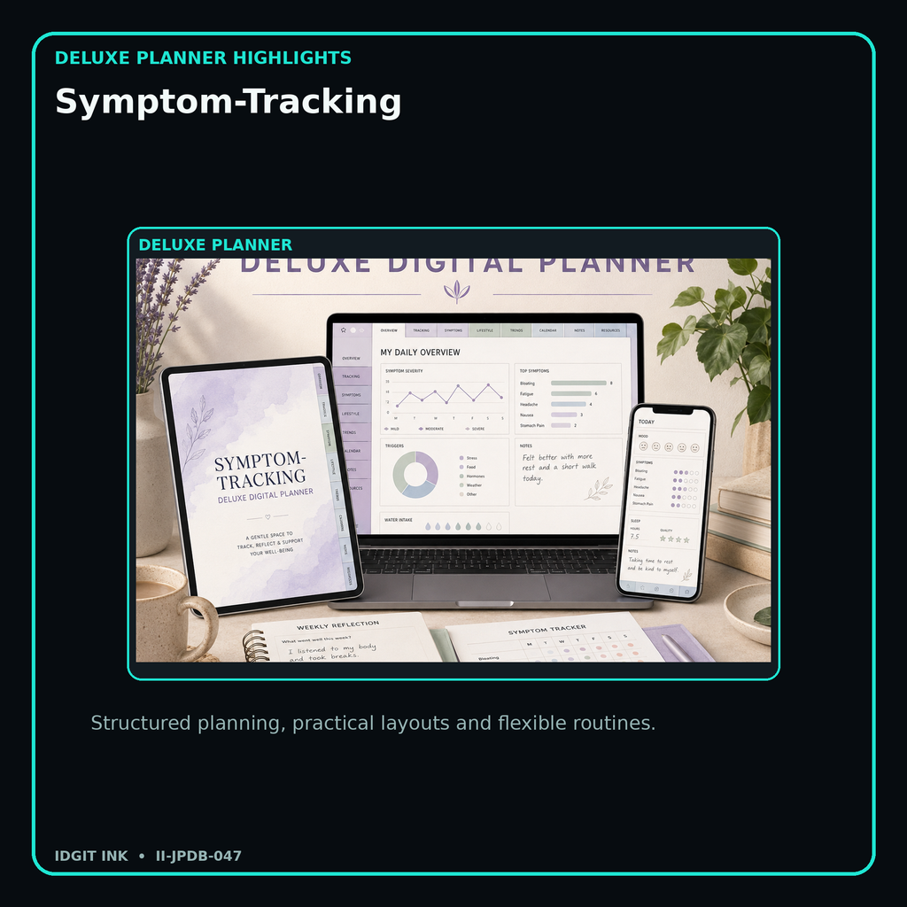 Symptom-Tracking deluxe digital planner features and flexible organization
