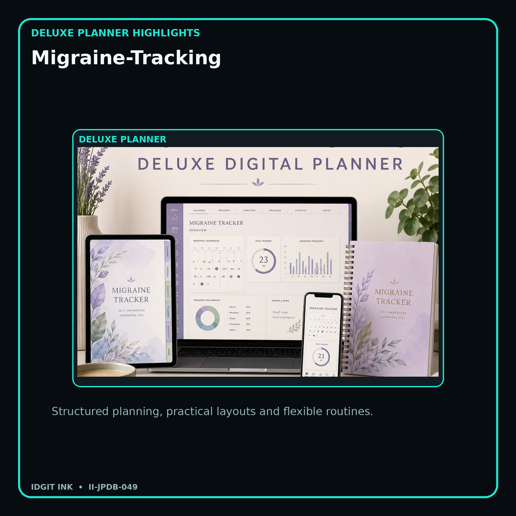 Migraine-Tracking deluxe digital planner features and flexible organization