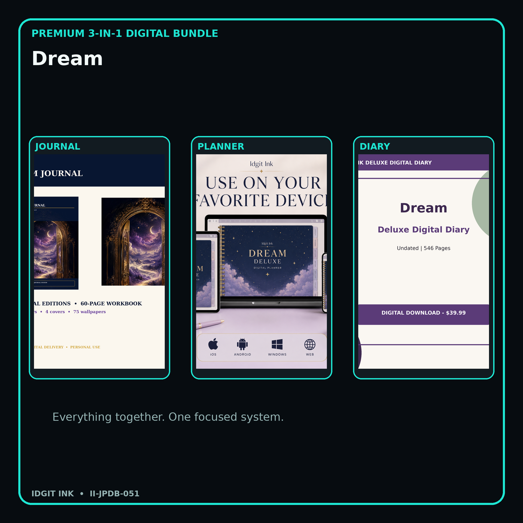 Dream premium digital journal planner and diary bundle cover