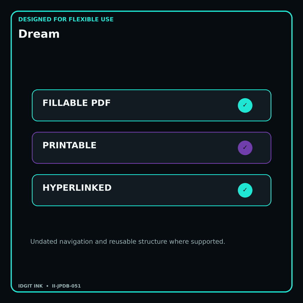 Dream fillable printable and hyperlinked digital features