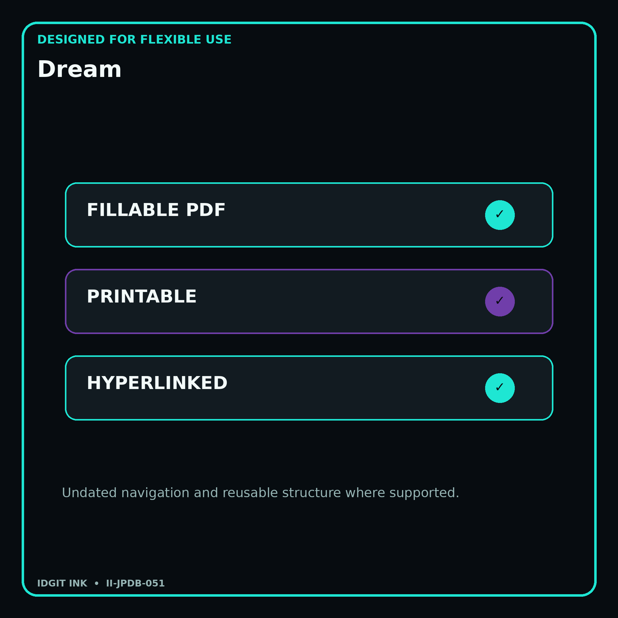 Dream fillable printable and hyperlinked digital features