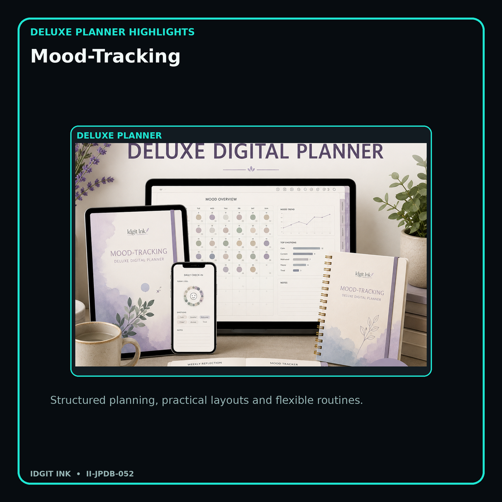 Mood-Tracking deluxe digital planner features and flexible organization