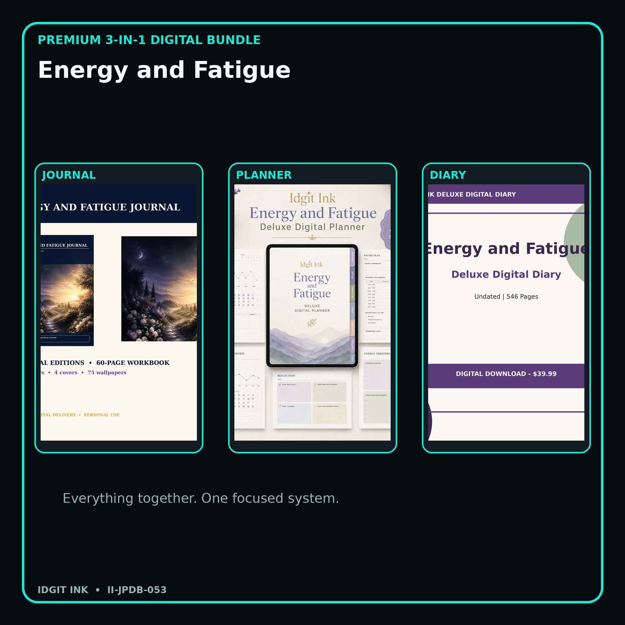 Energy and Fatigue premium digital journal planner and diary bundle cover