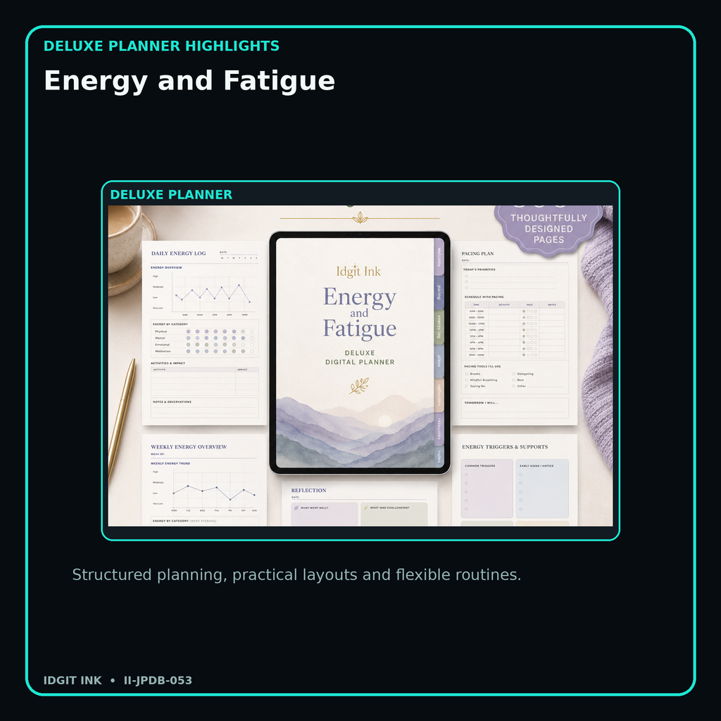 Energy and Fatigue deluxe digital planner features and flexible organization