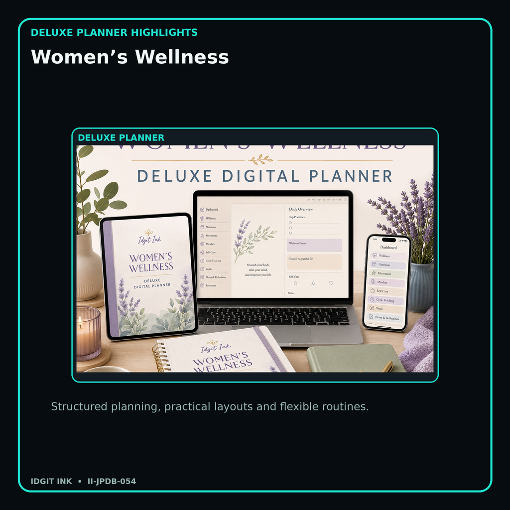 Women’s Wellness deluxe digital planner features and flexible organization
