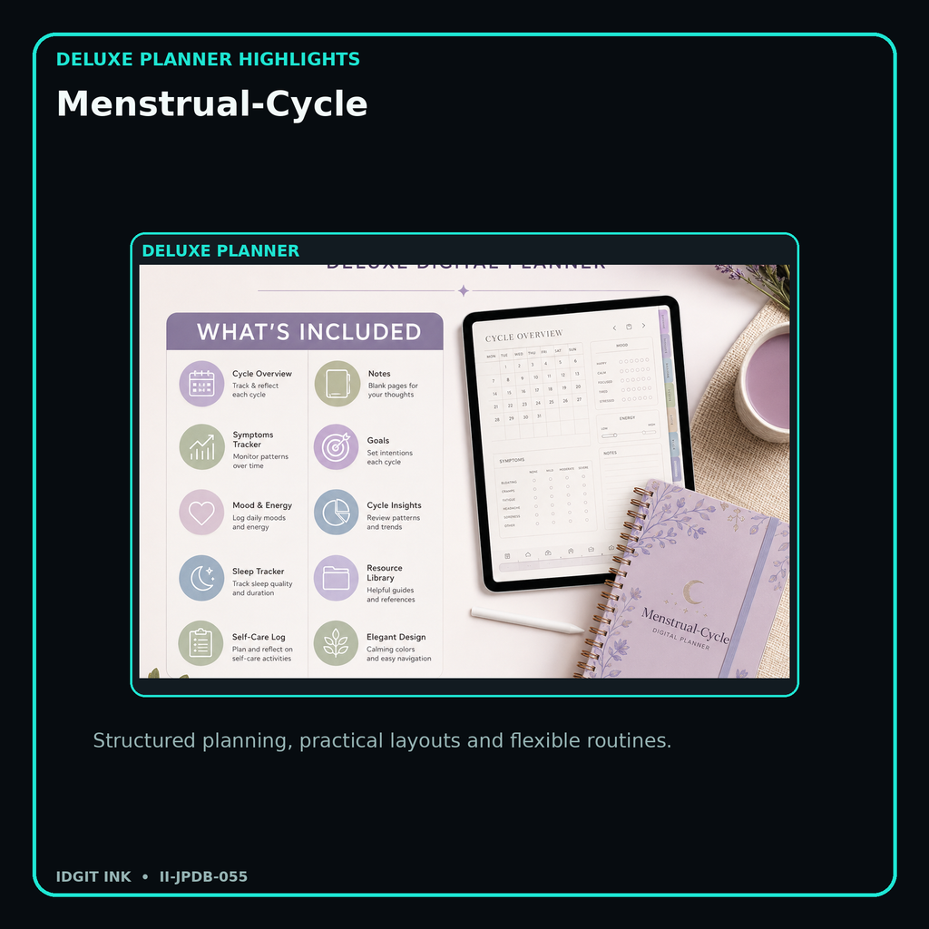 Menstrual-Cycle deluxe digital planner features and flexible organization
