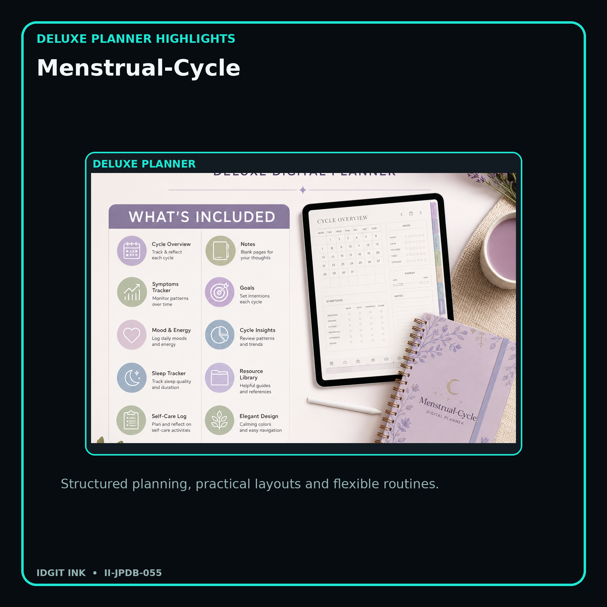 Menstrual-Cycle deluxe digital planner features and flexible organization