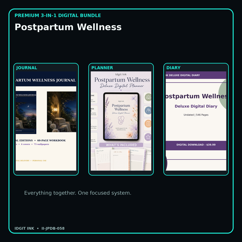 Postpartum Wellness premium digital journal planner and diary bundle cover