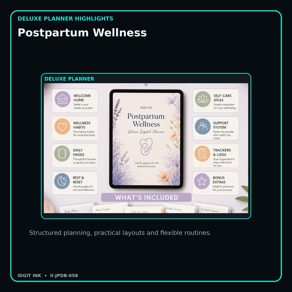 Postpartum Wellness deluxe digital planner features and flexible organization
