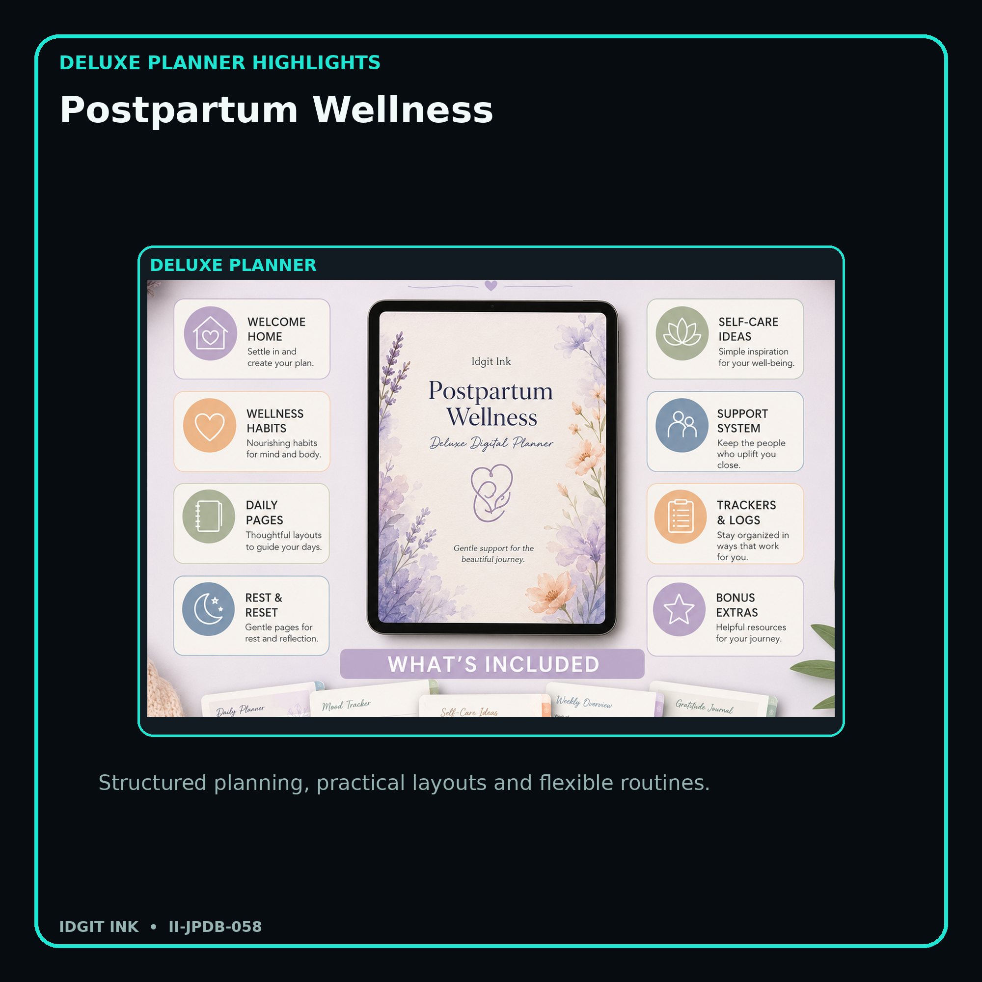 Postpartum Wellness deluxe digital planner features and flexible organization