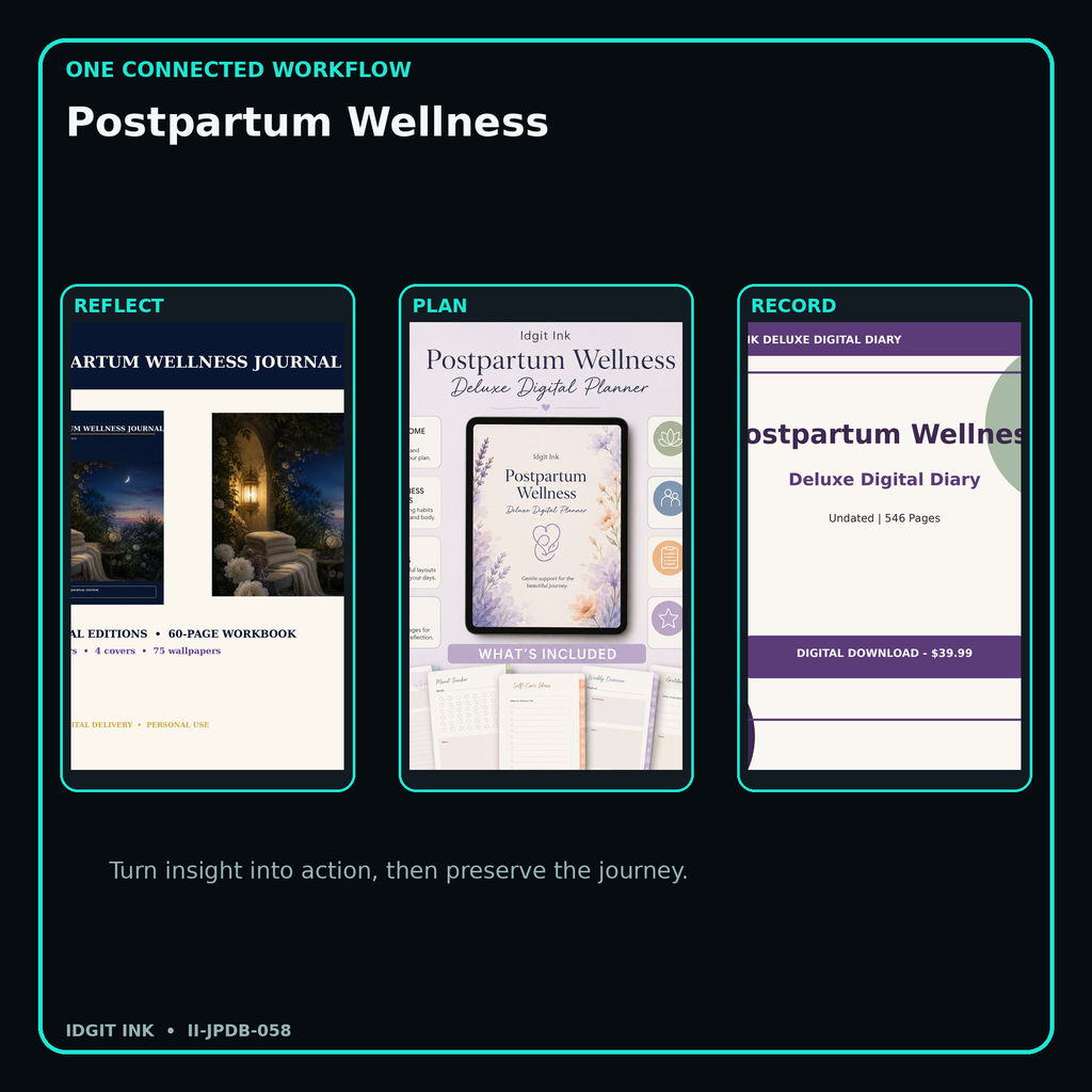 Postpartum Wellness connected journal planner diary workflow and customer benefits
