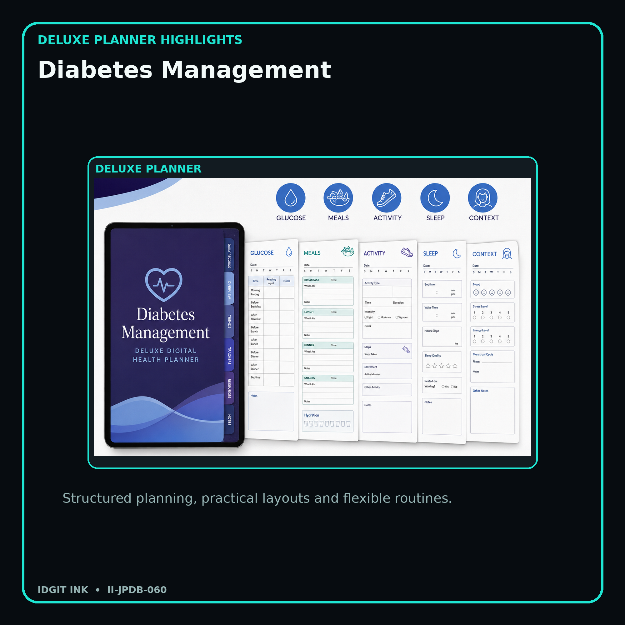 Diabetes Management deluxe digital planner features and flexible organization