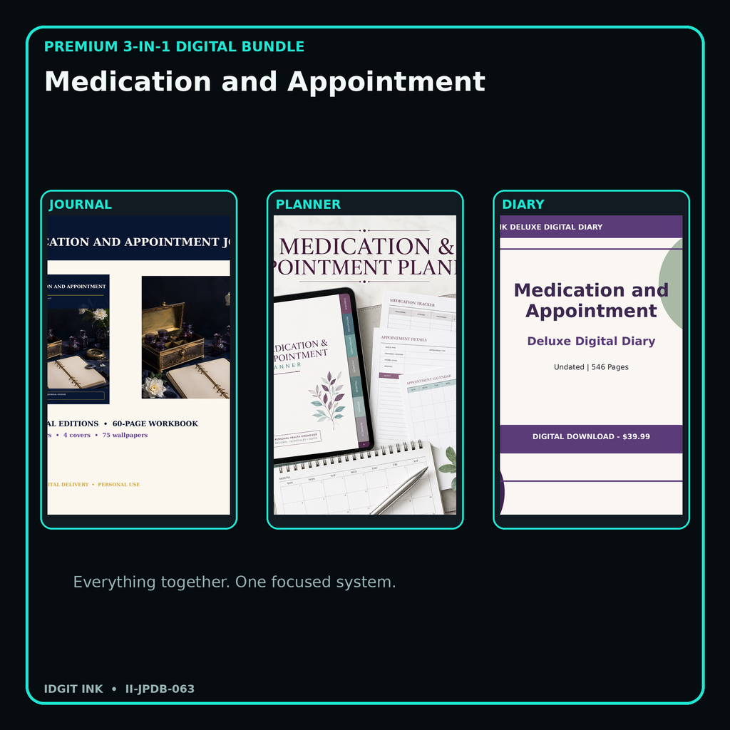 Medication and Appointment premium digital journal planner and diary bundle cover