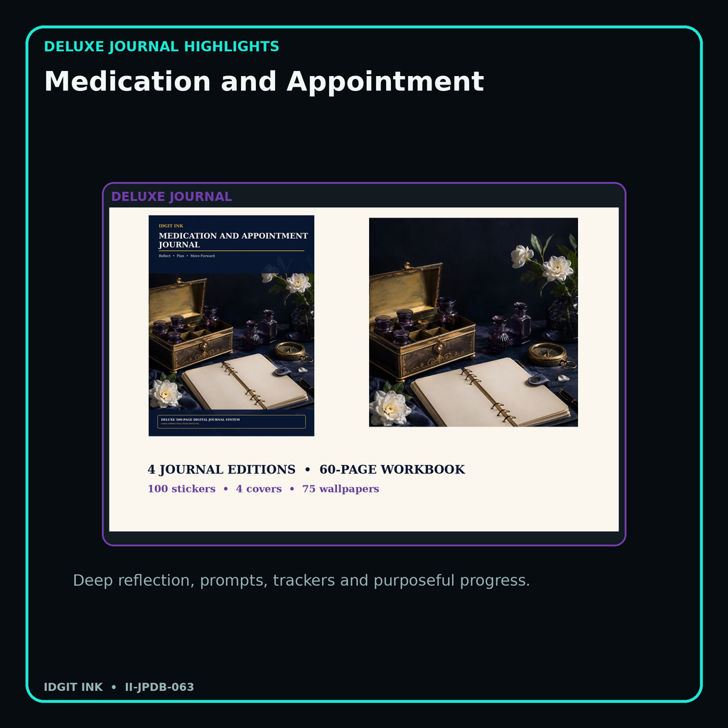 Medication and Appointment deluxe digital journal features and guided reflection pages
