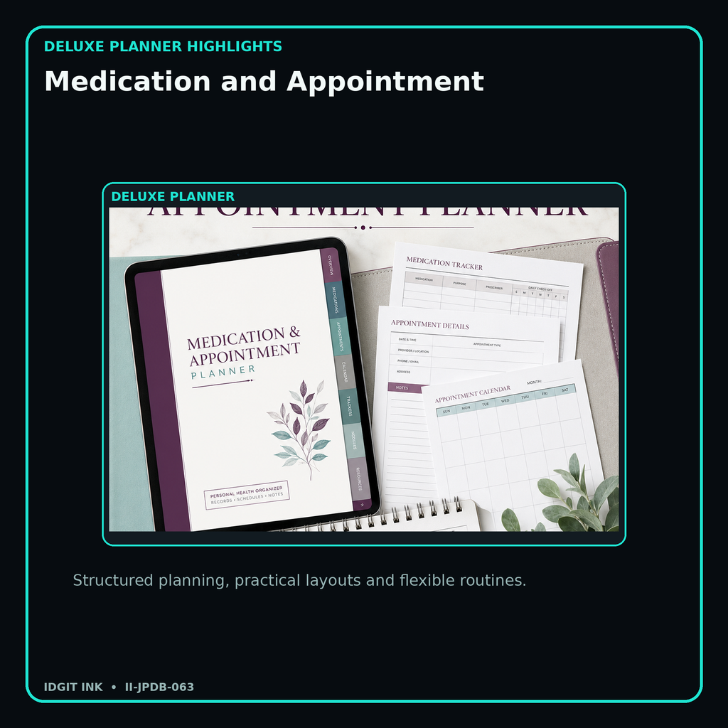 Medication and Appointment deluxe digital planner features and flexible organization