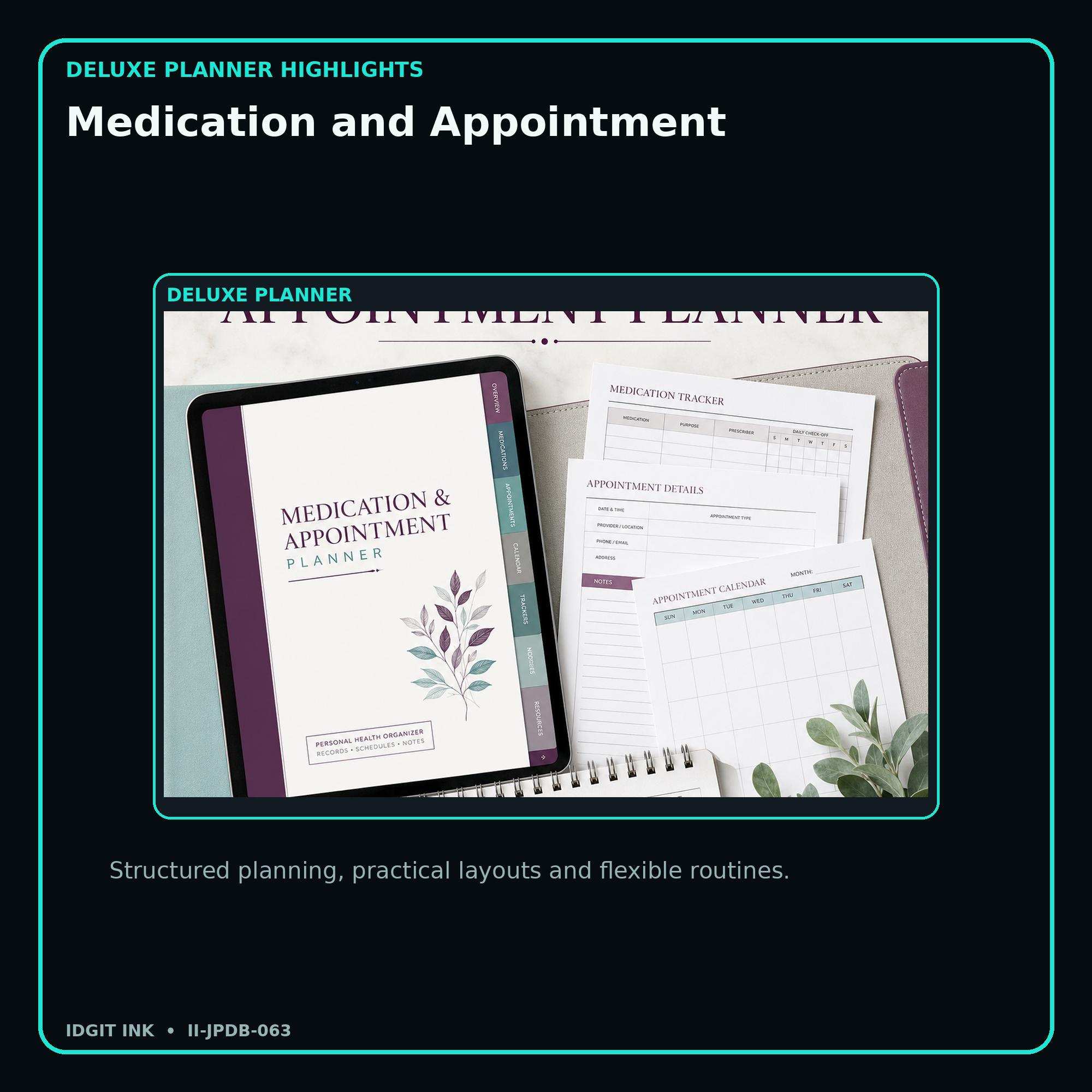Medication and Appointment deluxe digital planner features and flexible organization
