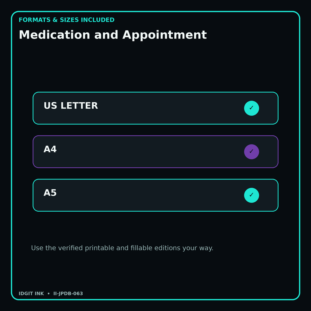 Medication and Appointment digital bundle formats in US Letter A4 and A5