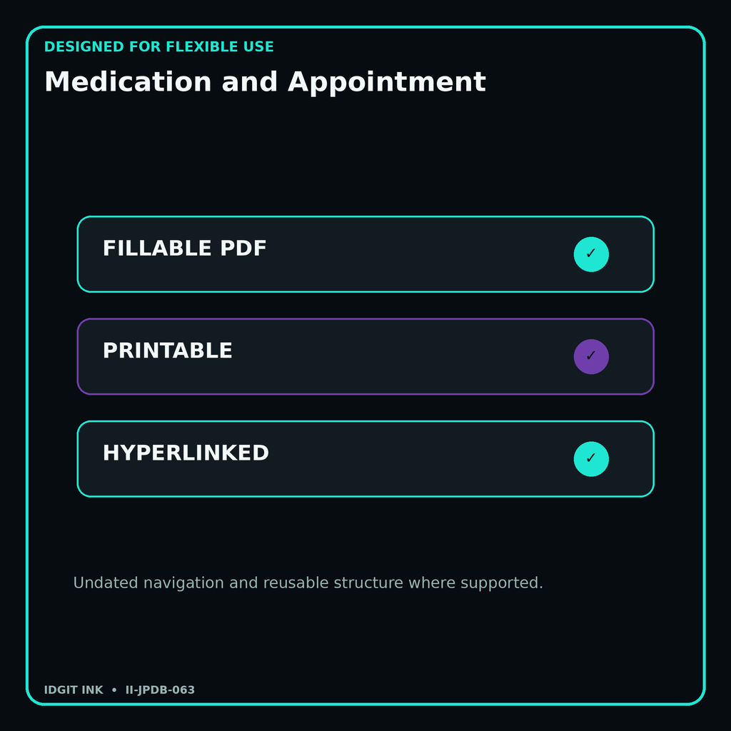 Medication and Appointment fillable printable and hyperlinked digital features