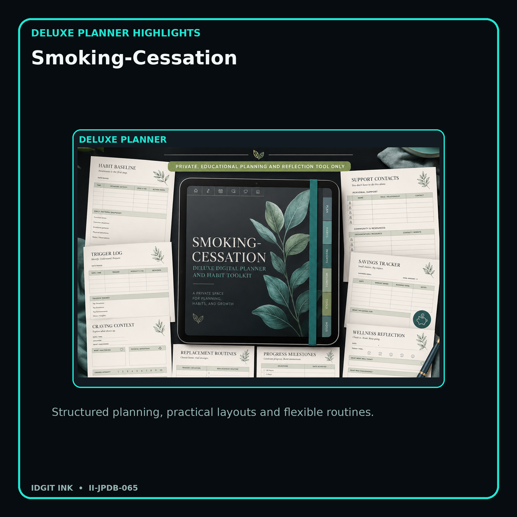 Smoking-Cessation deluxe digital planner features and flexible organization