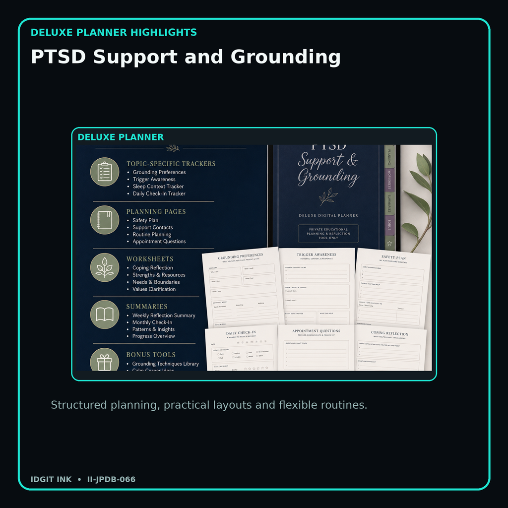 PTSD Support and Grounding deluxe digital planner features and flexible organization