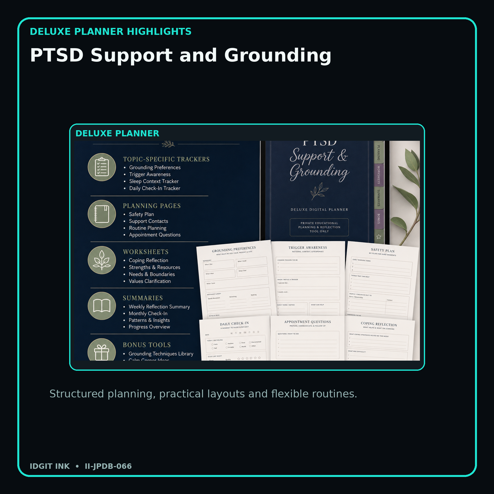 PTSD Support and Grounding deluxe digital planner features and flexible organization