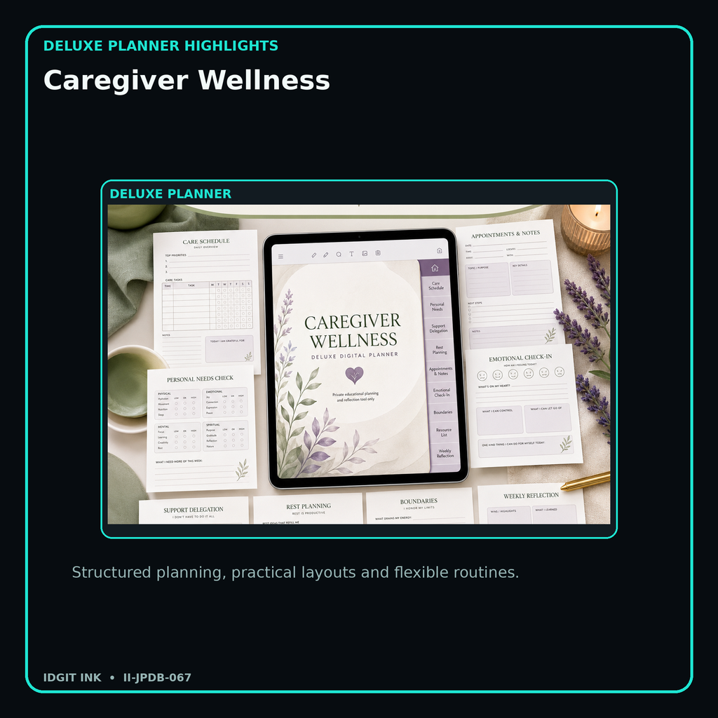 Caregiver Wellness deluxe digital planner features and flexible organization