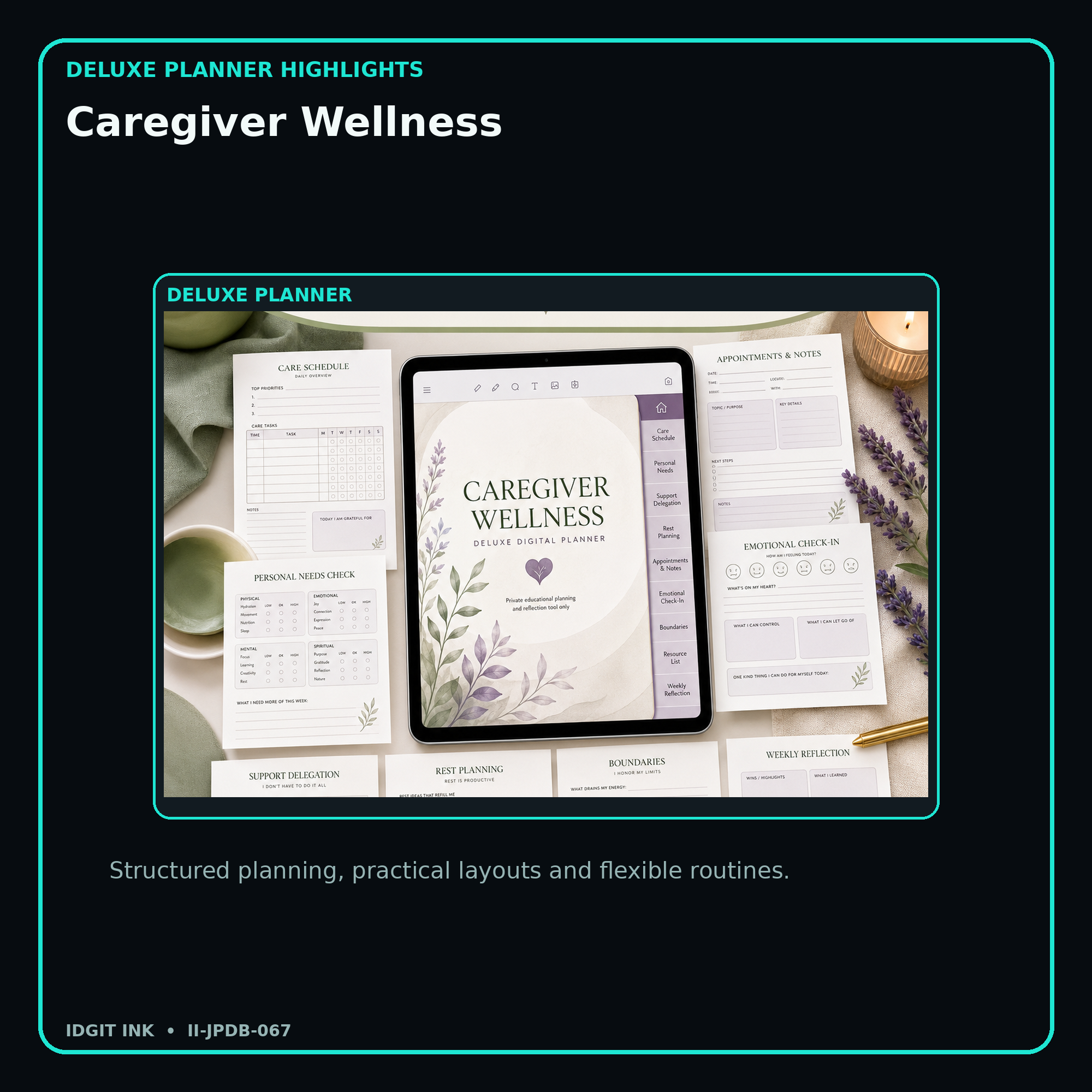 Caregiver Wellness deluxe digital planner features and flexible organization