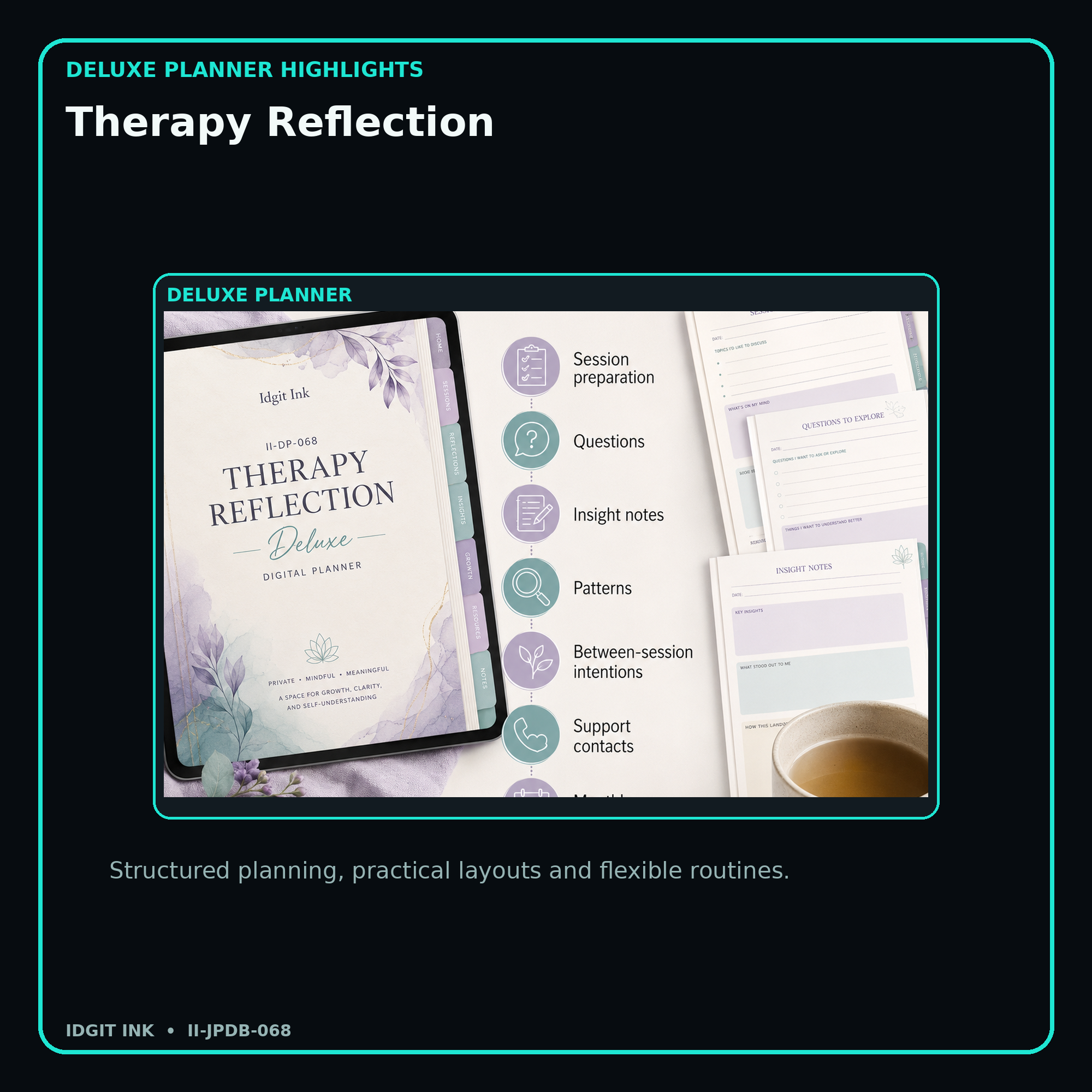 Therapy Reflection deluxe digital planner features and flexible organization