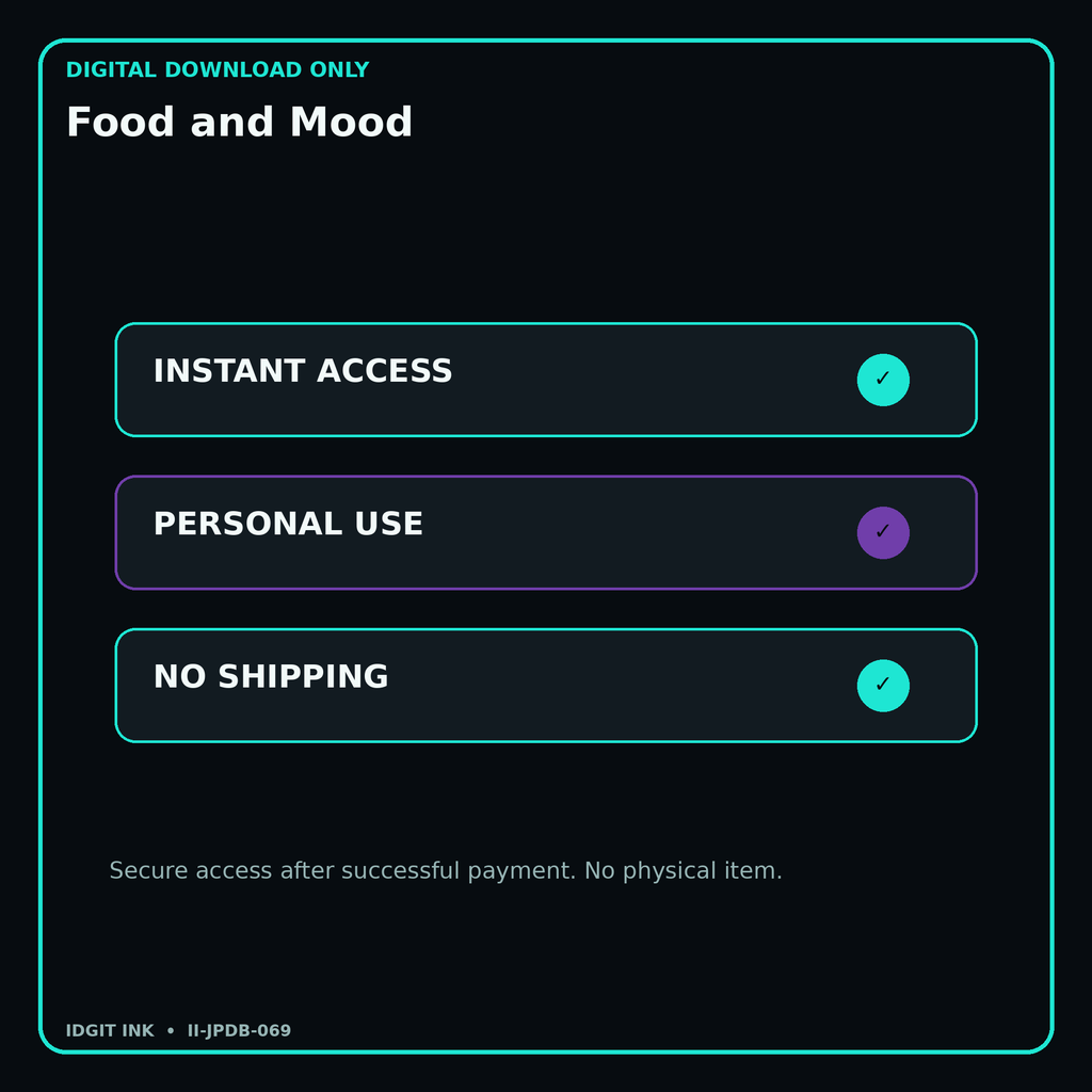Food and Mood secure digital download personal-use and no-shipping notice